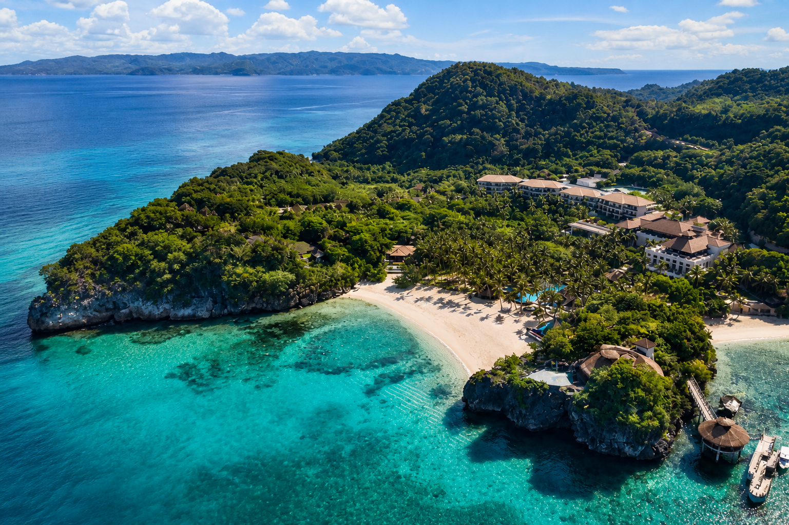 Aerial tropical resort coastline with turquoise water